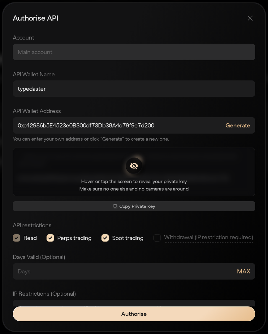 How to authorise an API wallet and copy its private key