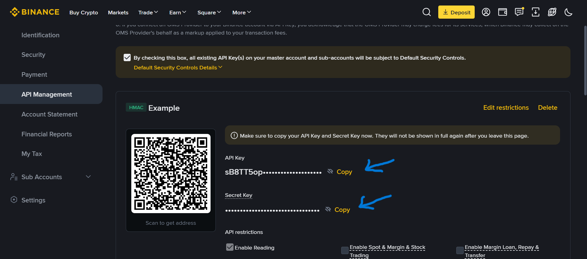How to copy API keys