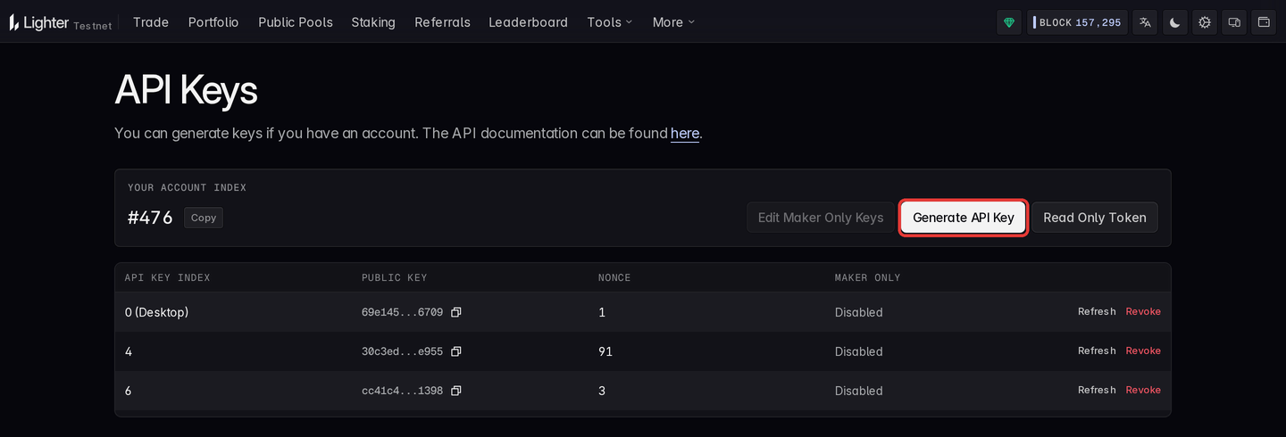 The API keys page, with the Generate API Key button