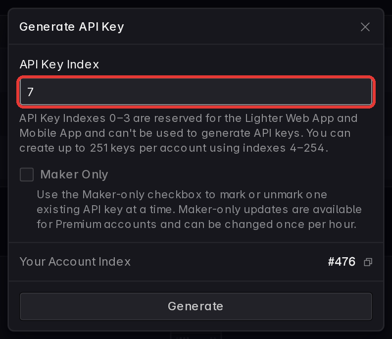 The Generate API Key dialog, choosing API key index 7
