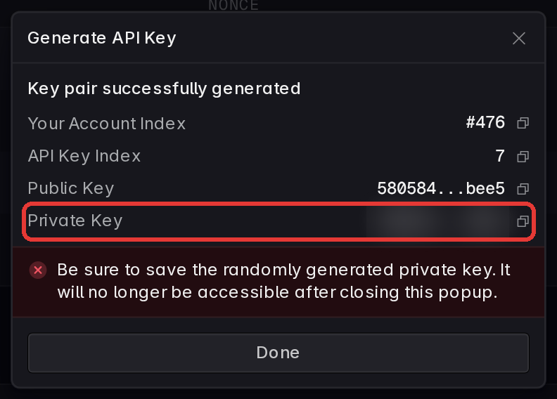 The generated key pair, with the private key to copy